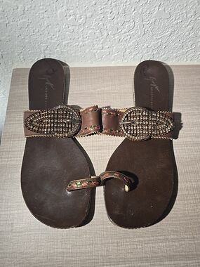 Giuseppe Zanotti Vicini Brown Leather Crystal Buckle Sandal Toe Loop Italian 39